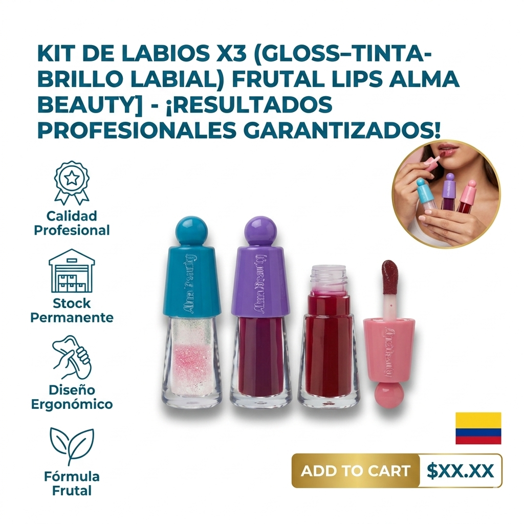 KIT DE LABIOS X3 (GLOSS-TINTA-BRILLO LABIAL) FRUTAL LIPS ALMA BEAUTY 1