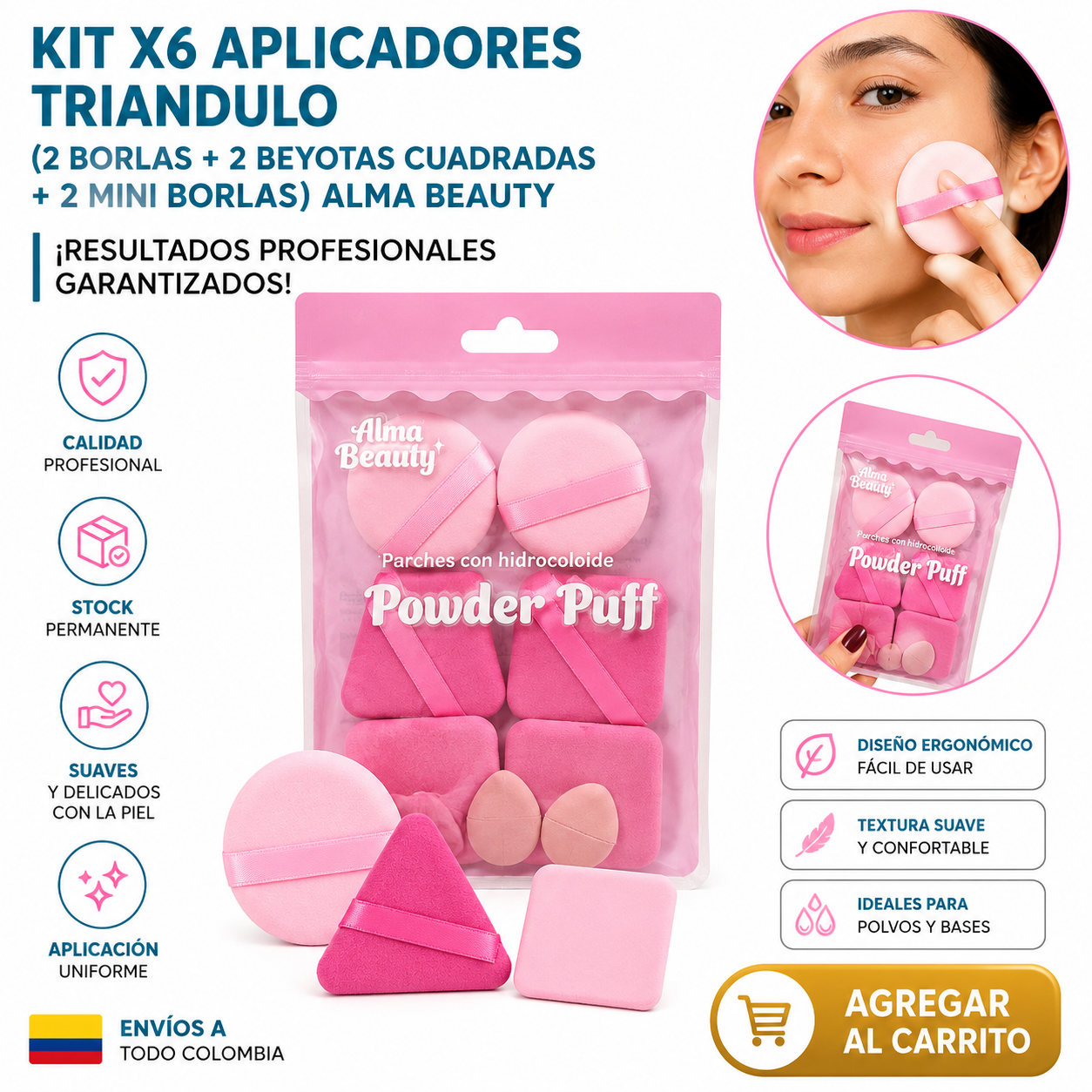 KIT X6 APLICADORES TRIANDULO (2BORLAS+2BEYOTAS CUADRADAS+2MINI BORLAS) ALMA BEAUTY 1