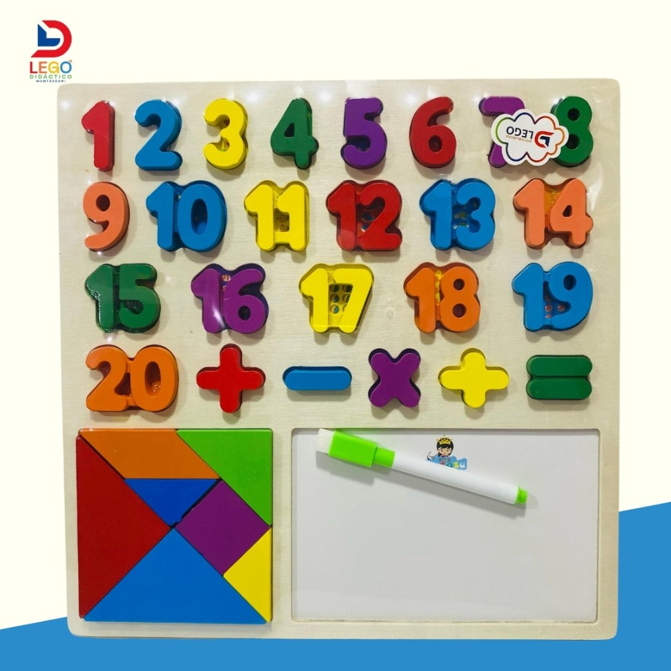 TABLERO MONTESSORI DIDACTICO - ACRILICO NUMEROS, SIGNOS MATEMATICOS CON TANGRAM DE ENCAJE  1