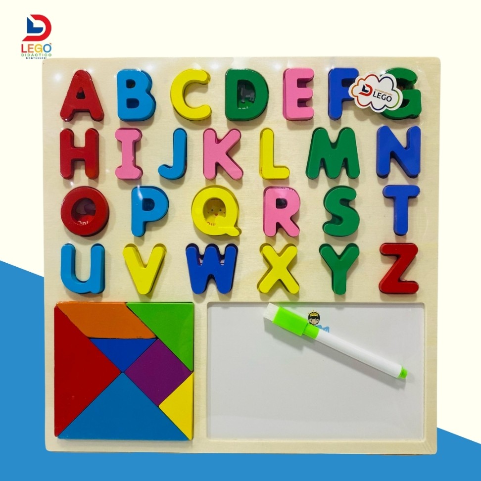 TABLERO MONTESSORI EN MADERA- ACRILICO Y ABECEDARIO MAYUSCULA CON TANGRAM DE ENCAJE  1