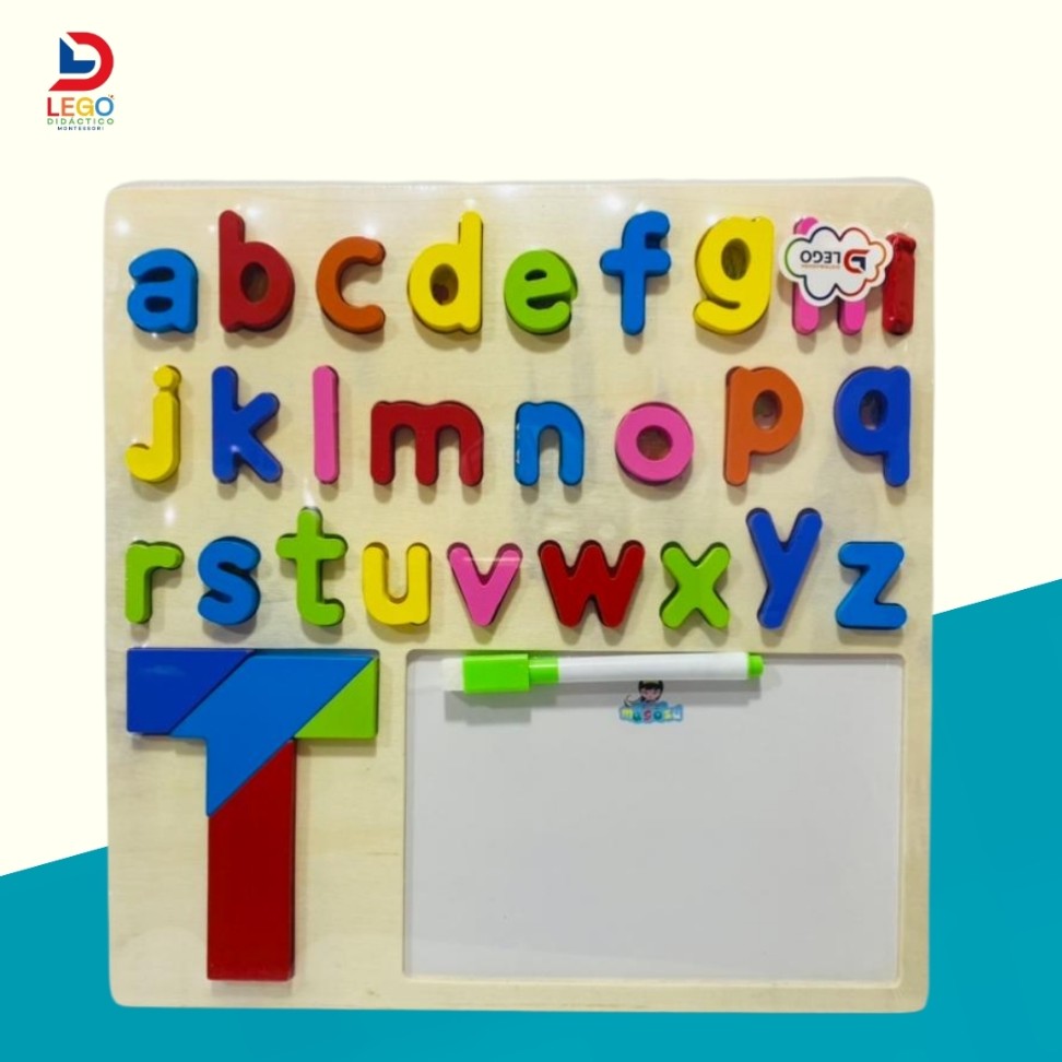 TABLERO MONTESSORI EN MADERA-ACRILICO Y ABECEDARIO MINUSCULA EN ENCAJE CON TANGRAM FIGURA  1